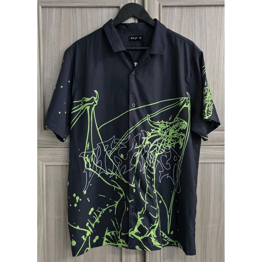 Pac Sun Mens Large Shirt Button Up Shiny Silky Feel Dragon Graphic Retro
